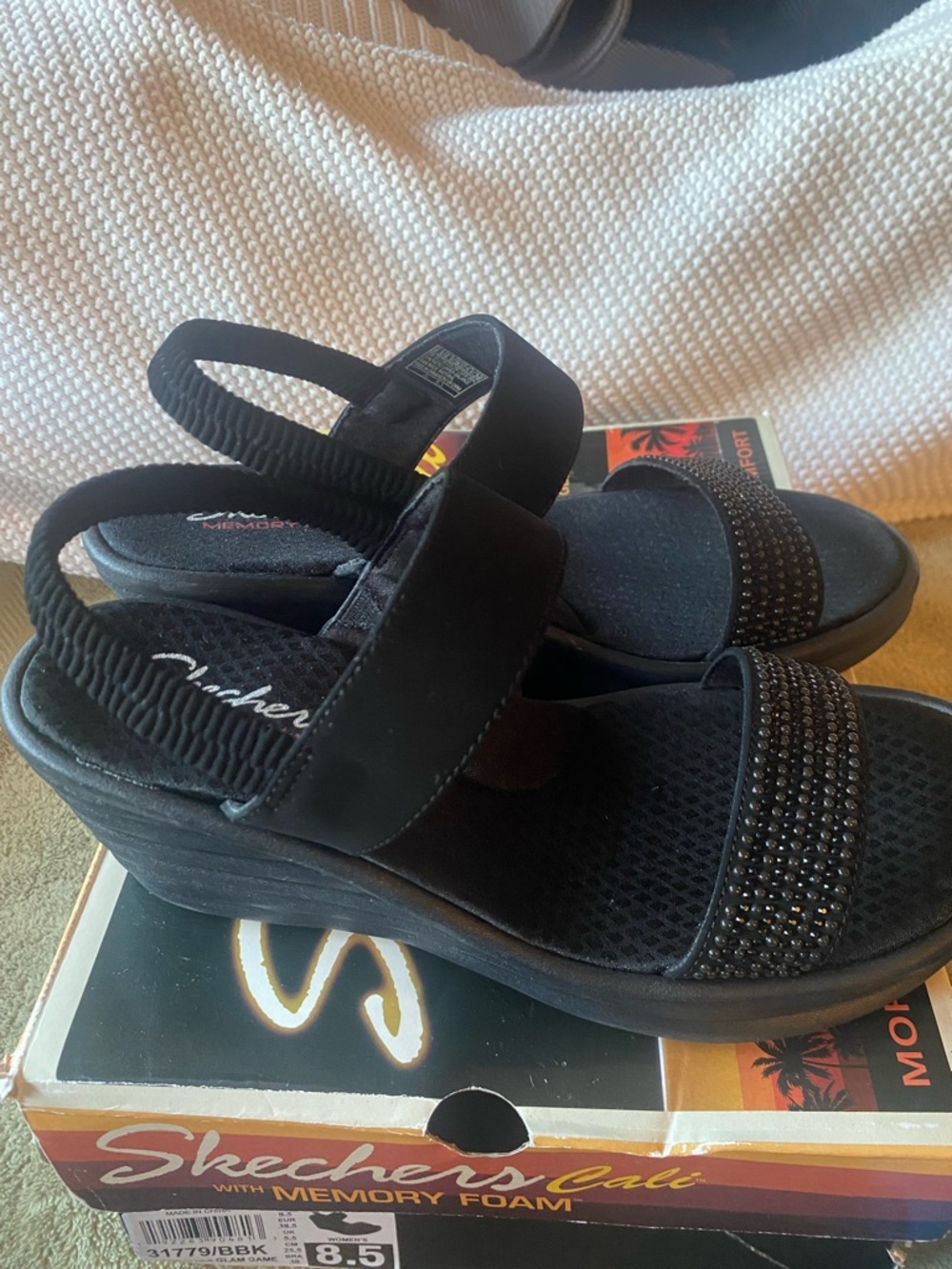 Skechers Black Wedge Sandals with beads and sparkles for the bead/bling lover